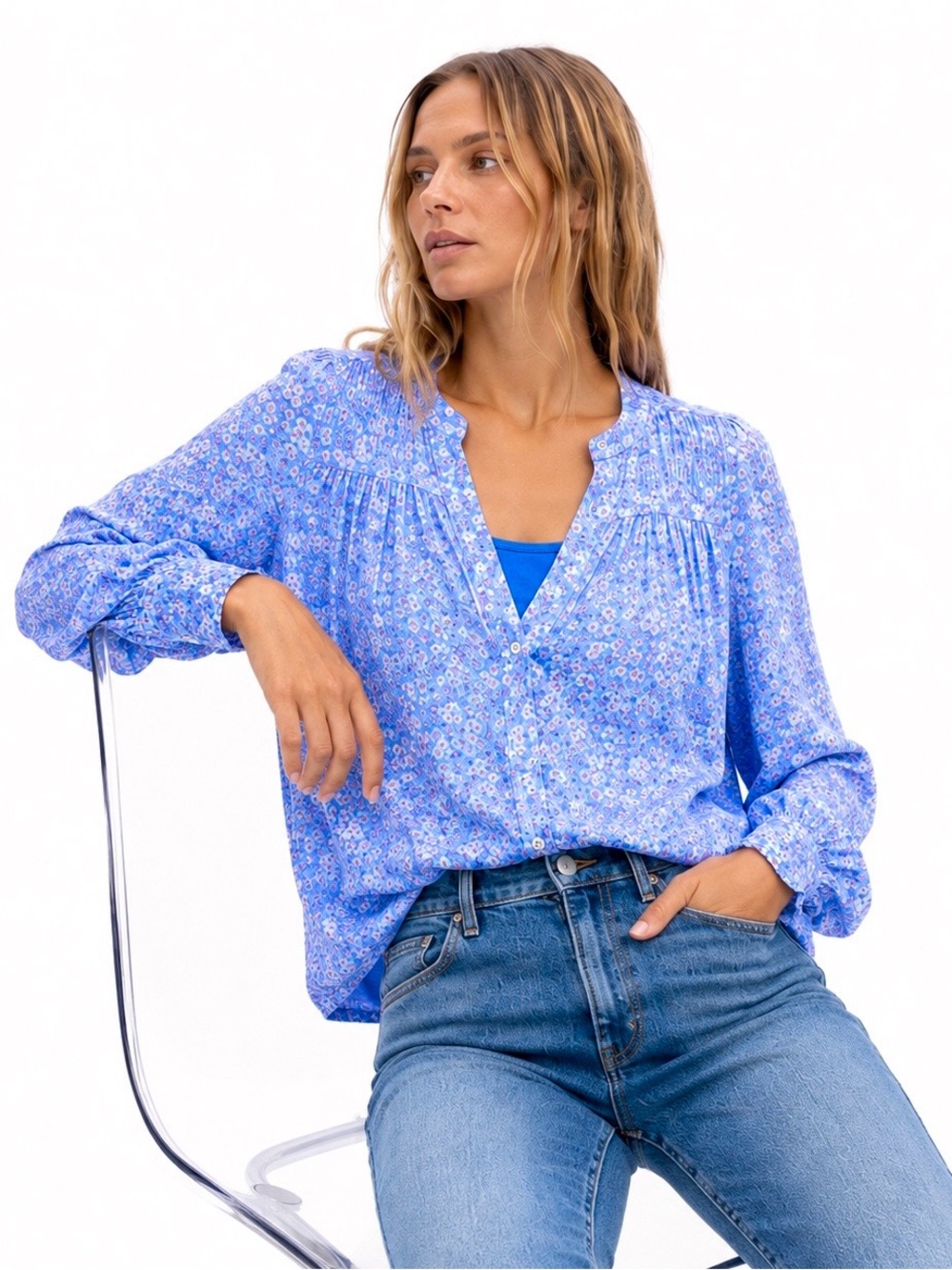 NWOT Aspiga Cornflower Blue Button-Up Blouse w/ Detachable Cami Floral | S